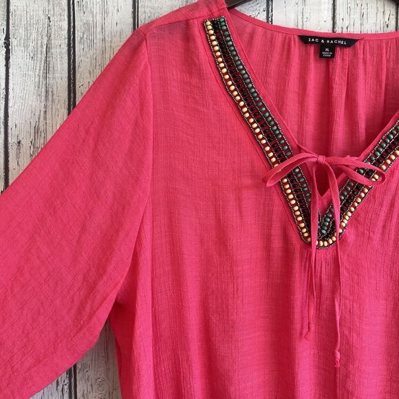 Zac & Rachel Womens Hot Pink Boho Peasant Top Size XL Beaded Smocked Puff Sleeve - Picture 2 of 14